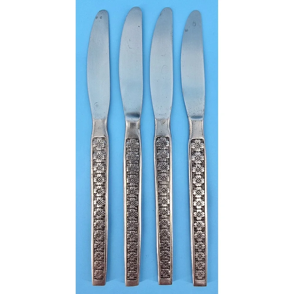 4 Hanford Forge Trocadero‎ Dinner Knives Floral Glossy Stainless Silverware Vtg